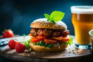 en hamburgare med grönsaker och en öl. ai-genererad foto