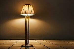 en lampa på en golv i en mörk rum. ai-genererad foto