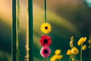 färgrik blommor hängande från bambu poler i de Sol. ai-genererad foto