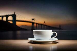 en kopp av kaffe på en tabell i främre av en bro. ai-genererad foto