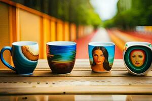 tre kaffe muggar med annorlunda mönster på dem. ai-genererad foto