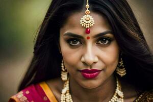 en skön indisk kvinna bär Smycken och smink. ai-genererad foto