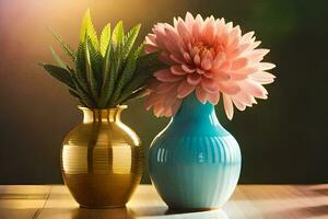 två vaser med blommor på en tabell. ai-genererad foto