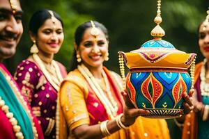 indisk kvinnor innehav färgrik kastruller och en krukmakeri skål. ai-genererad foto