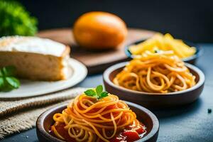 spaghetti med tomat sås och ost i en trä- skål. ai-genererad foto