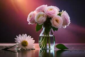 rosa ro i en vas med vatten och en daisy. ai-genererad foto