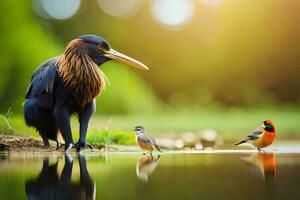 en fågel och två små fåglar stående nära de vatten. ai-genererad foto