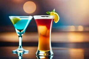 två färgrik cocktails på en tabell. ai-genererad foto
