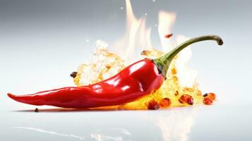 röd varm chili paprikor i varm bränning matlagning olja med flamma isolerat på vit bakgrund. ai genererad foto