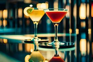 två glasögon av cocktails på en bar disken. ai-genererad foto