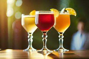 tre annorlunda typer av alkoholhaltig drycker på en trä- tabell. ai-genererad foto
