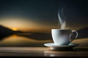 en kopp av kaffe på en tabell med en skön solnedgång. ai-genererad foto