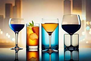 fyra annorlunda typer av drycker är visad i en rad. ai-genererad foto