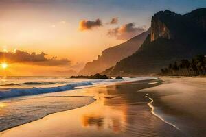 de solnedgång på de strand i rio de Janeiro, Brasilien. ai-genererad foto