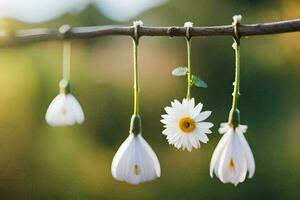 tre vit daisy hängande från en gren. ai-genererad foto