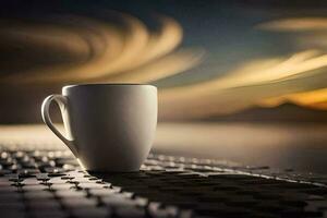 kaffe kopp på de tabell, de himmel, de hav, de hav, de horisont,. ai-genererad foto