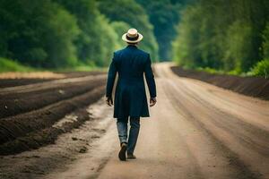 en man i en hatt och kostym gående ner en smuts väg. ai-genererad foto
