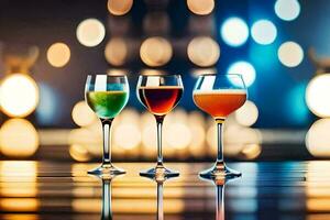 tre glasögon av annorlunda färgad drycker på en bar. ai-genererad foto