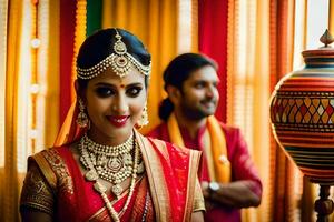 en skön indisk brud och brudgum i traditionell klädsel. ai-genererad foto