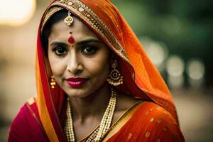 en skön indisk kvinna i ett orange sari. ai-genererad foto