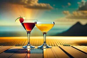 två glasögon av cocktails på en trä- tabell. ai-genererad foto