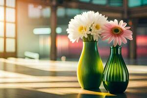 två grön vaser med blommor Sammanträde på en trä- golv. ai-genererad foto
