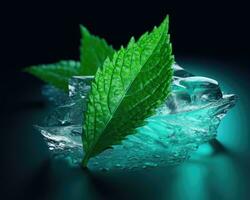 färsk grön mynta löv frysta i is kuber. begrepp av friskhet och Häftigt miljö. ai genererad foto