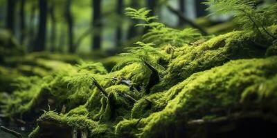 grön mossa närbild, med en bakgrund av skog. skog i de nationell parkera. ai genererad foto