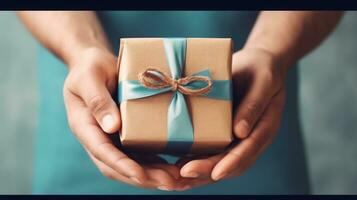 man innehav en liten gåva låda till ge en närvarande. närbild av en överraskning gåva på hand av en man. ai genererad foto