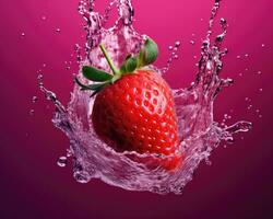 jordgubb faller från luft med vatten. närbild av enda mogen jordgubb med vatten stänk isolerat på rosa bakgrund. produkt paket design begrepp. ai genererad foto