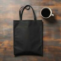 svart toto väska mall Foto. svart shopper väska lögner på brun trä- tabell med råna kaffe. minimalistisk produkt mockup. foto