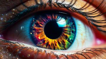 skön kvinna med en overkligt regnbåge iris närbild ai genererad foto