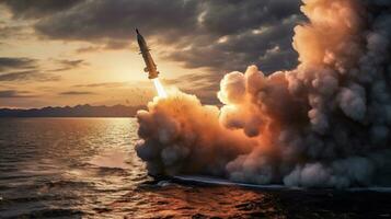 sjösättning en kärn vapen från en u-båt från hav ai genererad foto