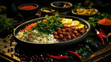 smak äventyr etnisk recept av ris kikärtor och röd paprikor ai genererad foto