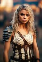 krigare jungfru en skön ung kvinna gladiator viking med blond hår och blå ögon generativ ai foto