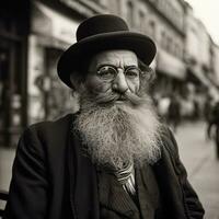 ortodox jewish man, klädd i svart, bär en lång skägg och en hatt generativ ai foto