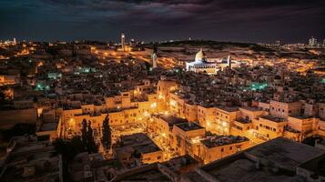 bred se av jerusalem på natt generativ ai foto