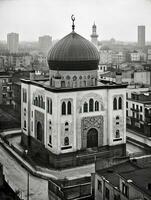 exteriör se av en tysk synagoga i de stil av fasanenstrasse synagoga, berlin generativ ai foto