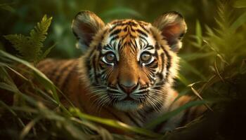 en majestätisk bengal tiger döljer i de lugn tropisk regnskog genererad förbi ai foto