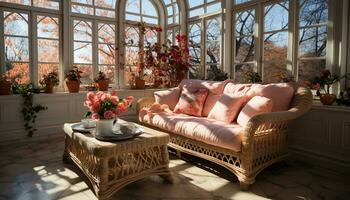 bekväm modern Hem interiör med elegant möbel och naturlig dekor genererad förbi ai foto
