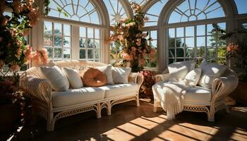 bekväm soffa i en modern levande rum med elegant dekoration genererad förbi ai foto