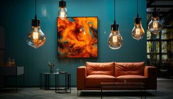 elektrisk lampa tänds modern levande rum, skapande vibrerande, lysande atmosfär genererad förbi ai foto