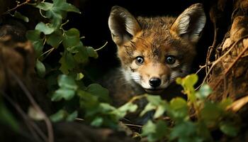 söt små röd räv ser på kamera i de skog genererad förbi ai foto