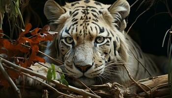 majestätisk bengal tiger stirrande, dölja i gräs, skönhet i natur genererad förbi ai foto