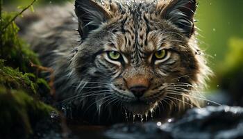 stänga upp av en söt bobcat, dess päls våt i de skog genererad förbi ai foto