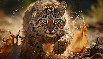 tiger, våldsam och skön, strövar omkring fritt i de vild skog genererad förbi ai foto