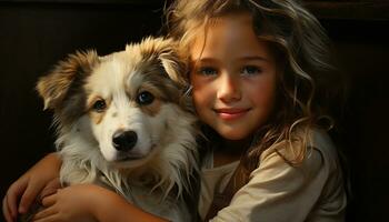 en söt hund och barn leende, en porträtt av lycka genererad förbi ai foto