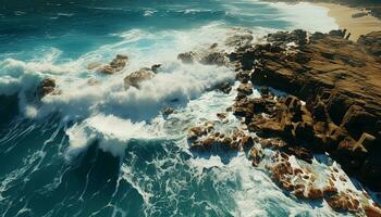 en hisnande marinmålning vågor kraschar på klippig klippor på solnedgång genererad förbi ai foto