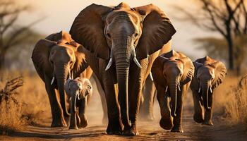 elefant besättning gående i afrikansk savann, skönhet i natur genererad förbi ai foto