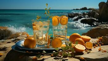 uppfriskande cocktail på en trä- tabell, utsikt de tropisk kustlinje genererad förbi ai foto